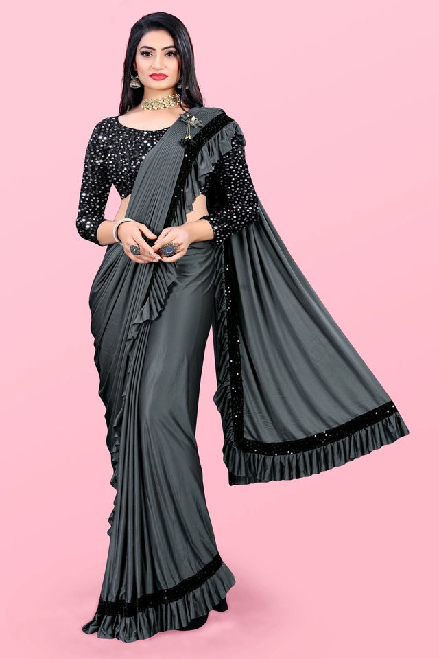 Lycra Blend Solid Saree for Women (Sea Green, 6.3 m)